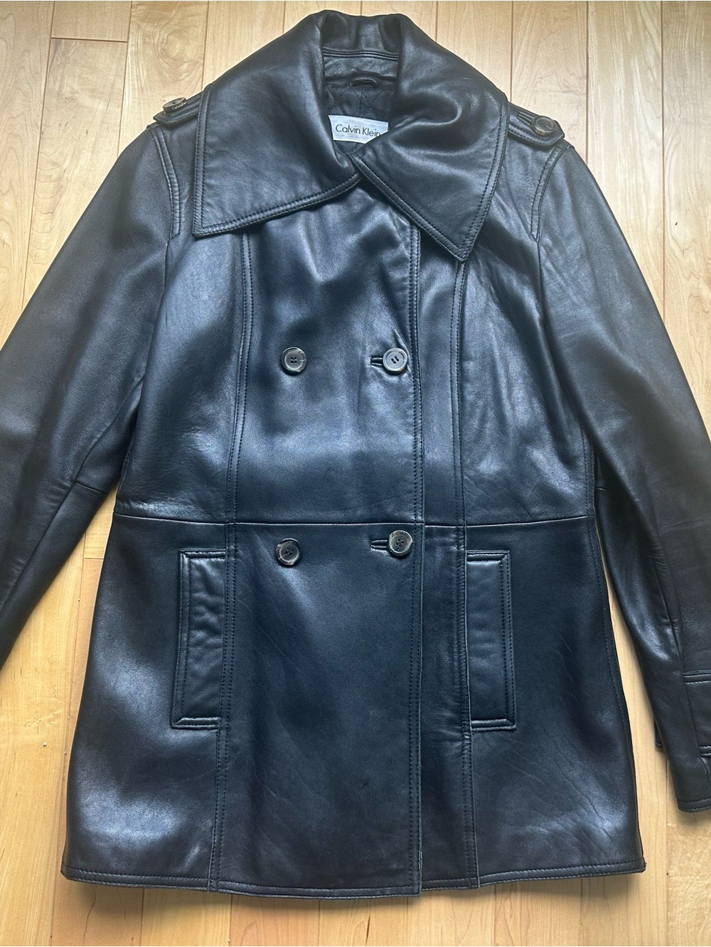 Calvin Klein Black Leather Double-Breasted Coat